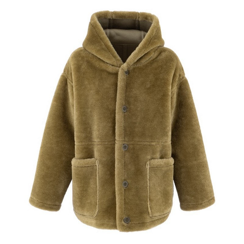 Alex Max Reversible Faux Sheepskin Hooded Jacket Military Green fur side front