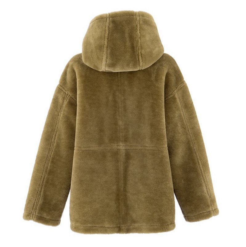 Alex Max Reversible Faux Sheepskin Hooded Jacket Military Green fur side rear