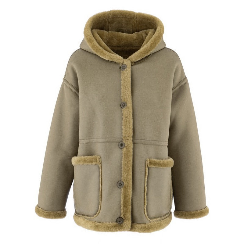 Alex Max Reversible Faux Sheepskin Hooded Jacket Military Green suede side front