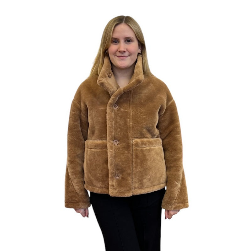 Alex Max Reversible Faux Sheepskin Short Jacket GA201 Camel on model reversed front