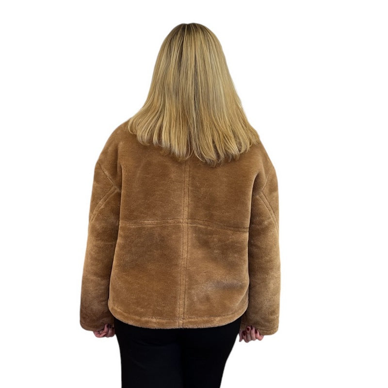 Alex Max Reversible Faux Sheepskin Short Jacket GA201 Camel on model reversed rear