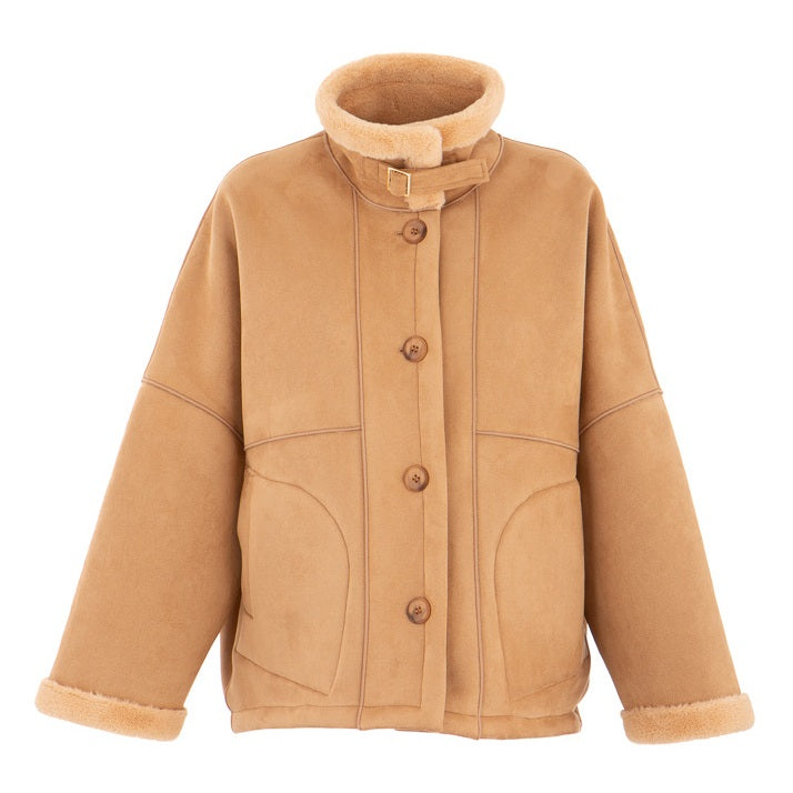 Alex Max Reversible Long-line Faux Fur Jacket Camel GA079 suede side