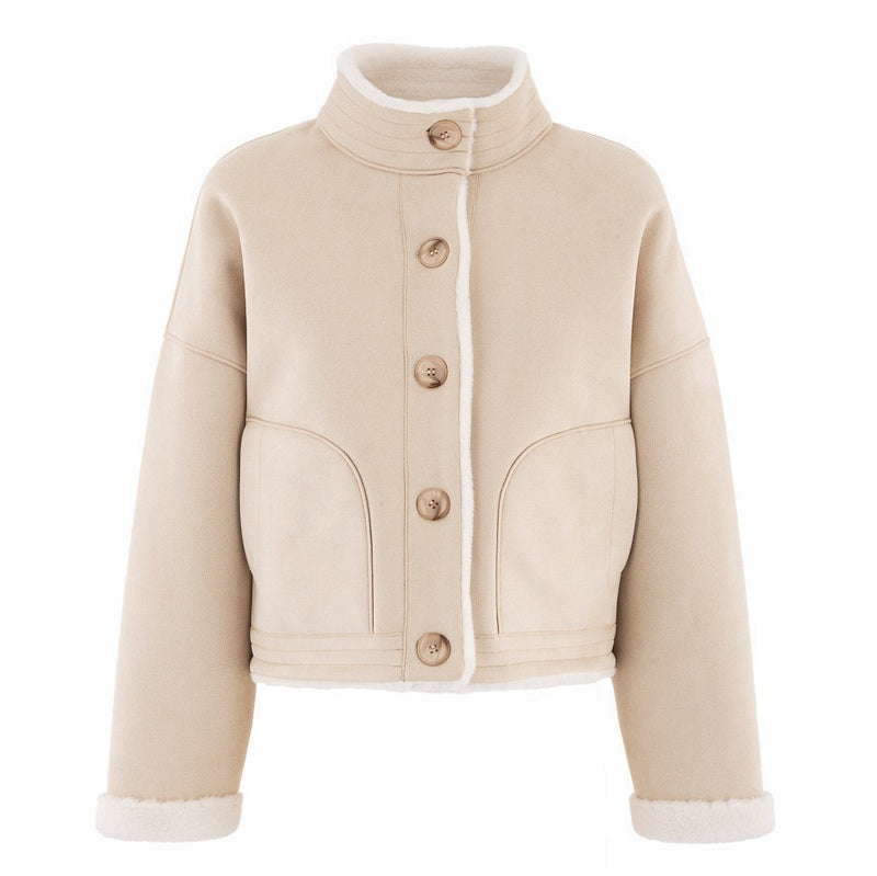 Alex Max Reversible Short Faux Fur Jacket Panna AMY-GA077-B suede side