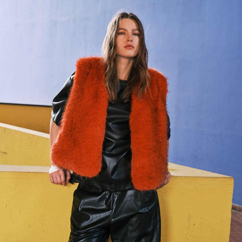 Alex Max Faux Fur Gilet Orange AMY-GE179 on model