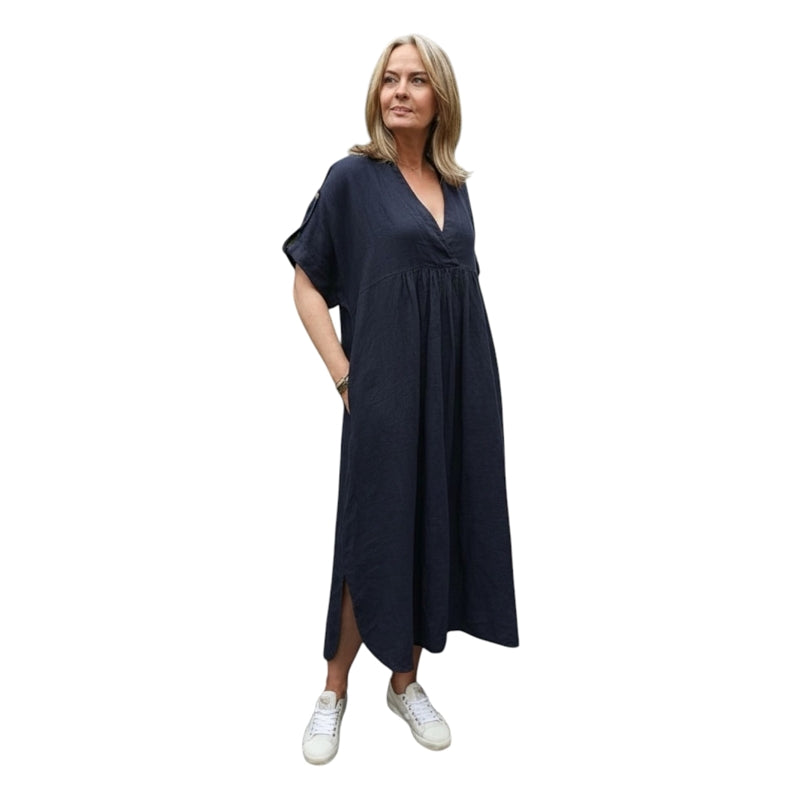 Amazing Woman Camile Cross Neck Linen Dress Dark Navy on model front
