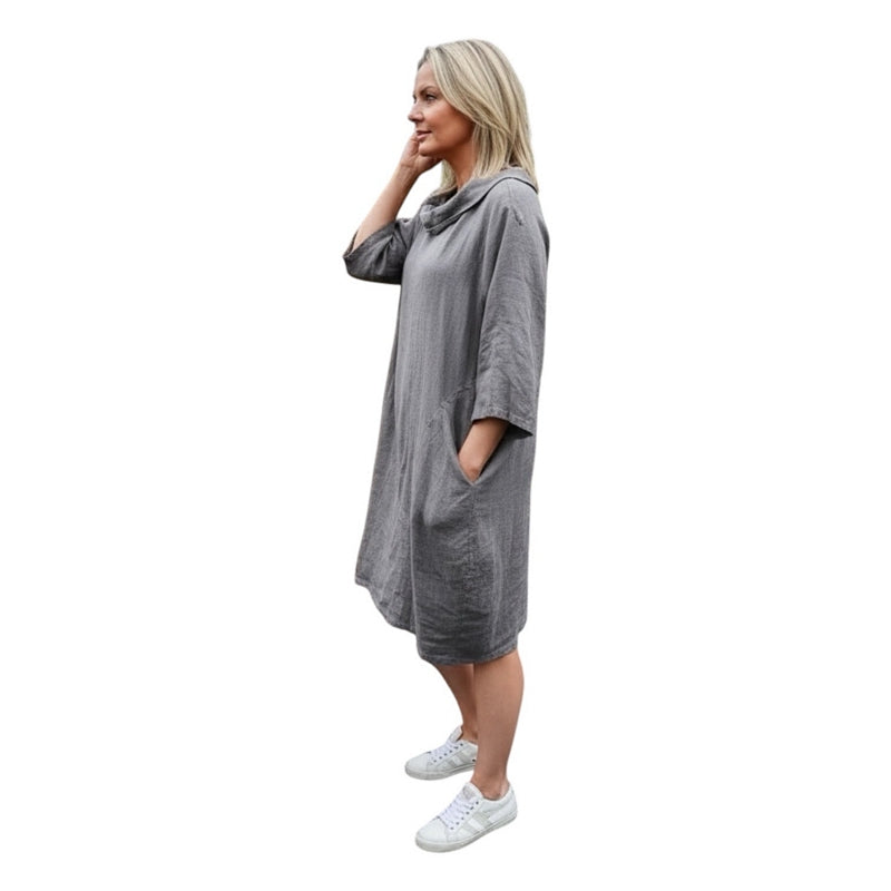 Amazing Woman Celine Linen Dress Dark Mud on model side