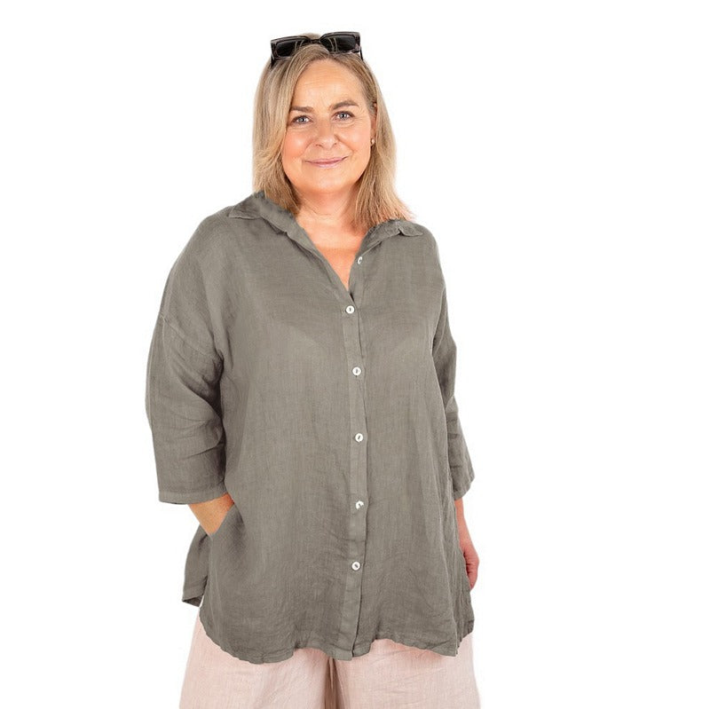 Amazing Woman Clothing Finty X Oversized Linen Shirt Fango on model