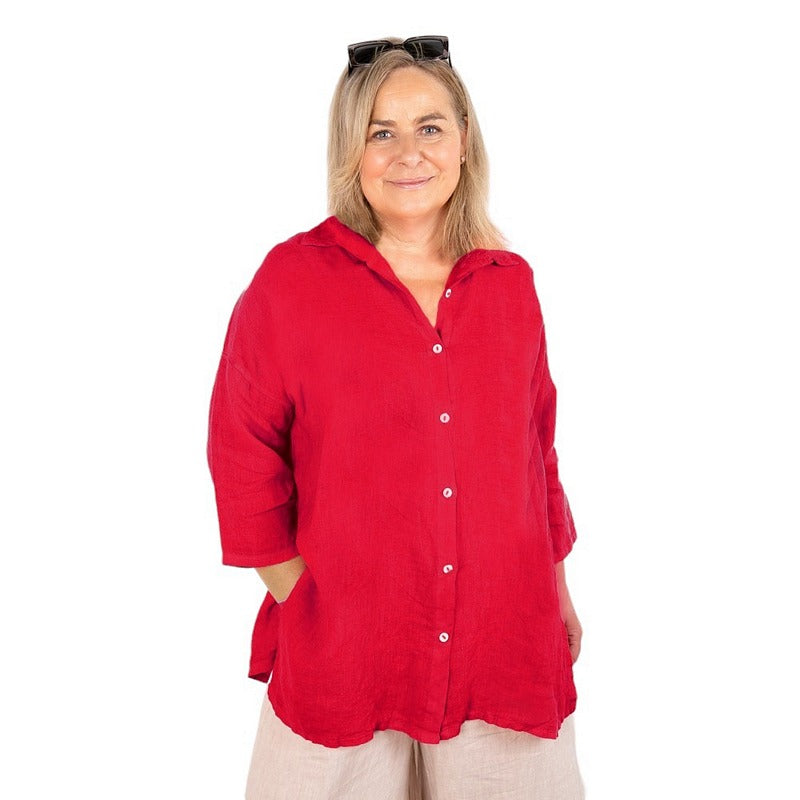 Amazing Woman Clothing Finty X Oversized Linen Shirt Fragola on model 2