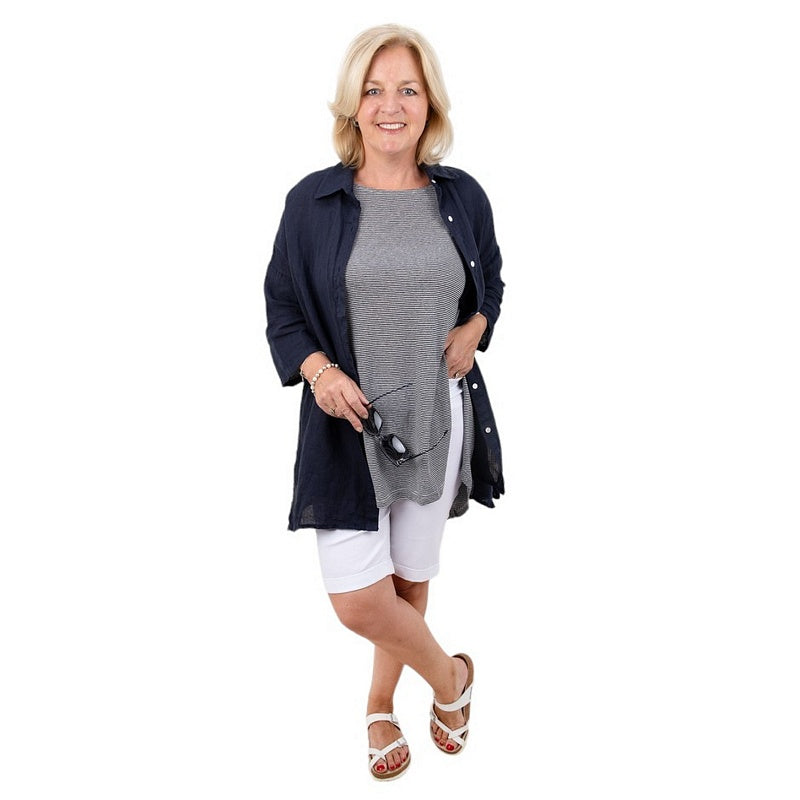 Amazing Woman Clothing Finty X Oversized Linen Shirt Navy Blue FINTY X SH NAVY on model