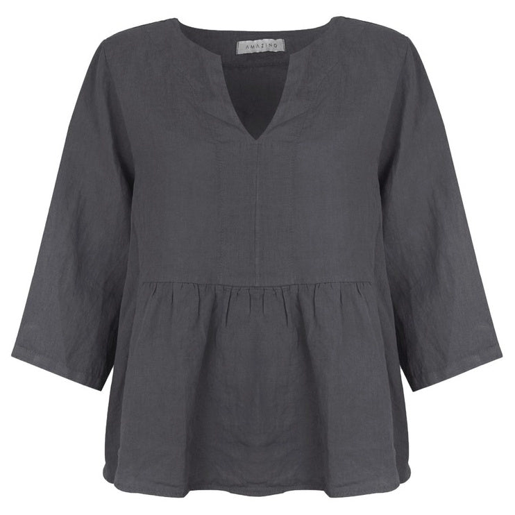Amazing Woman Elodie Linen Peplum Top Charcoal Grey front