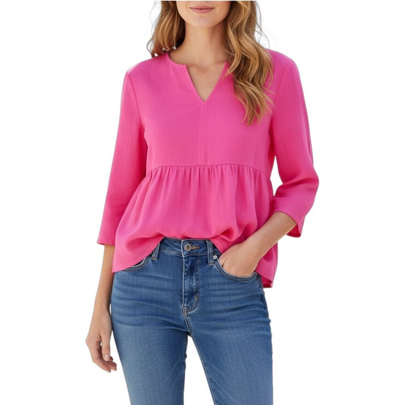 Amazing Woman Elodie Linen Peplum Top Fuchsia on model front