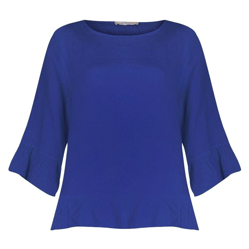 Amazing Woman Julia Linen Frill Top Royal Blue front