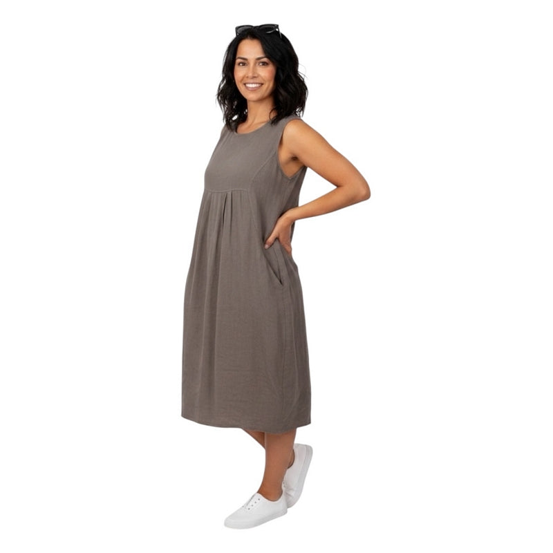Amazing Woman Nerida Sleeveless Linen Dress Dark Mud on model side