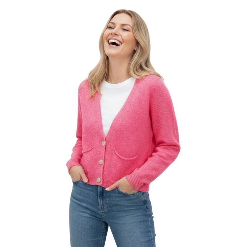 Amazing Woman Pook Crop Boxy Cardigan Azalea on model laughing