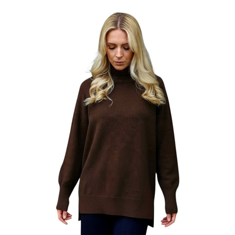 Amazing Woman Clothing Ruby High Neck Easy Fit Jumper Espresso on model front