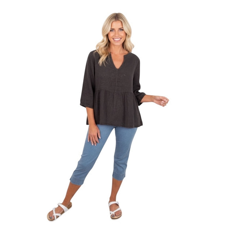Amazing Woman Elodie Linen Peplum Top Charcoal Grey on model