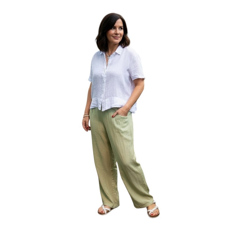 Amazing Woman Marilyn Short Sleeve Linen Shirt White on model front