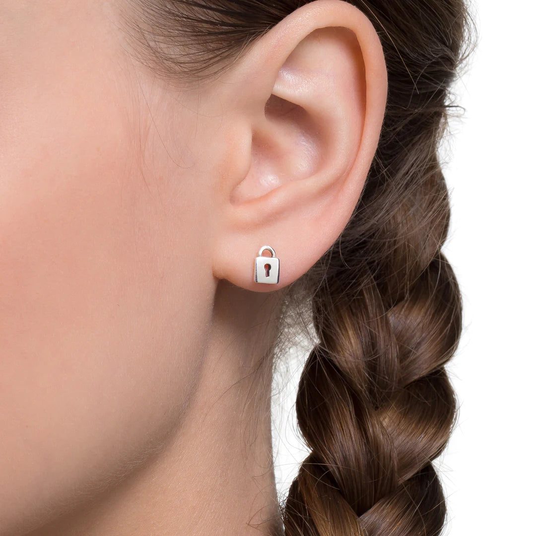 Annabella Moore Jewellery I Will Let You In Lock & Key Silver Earrings AM04-12E lock on model