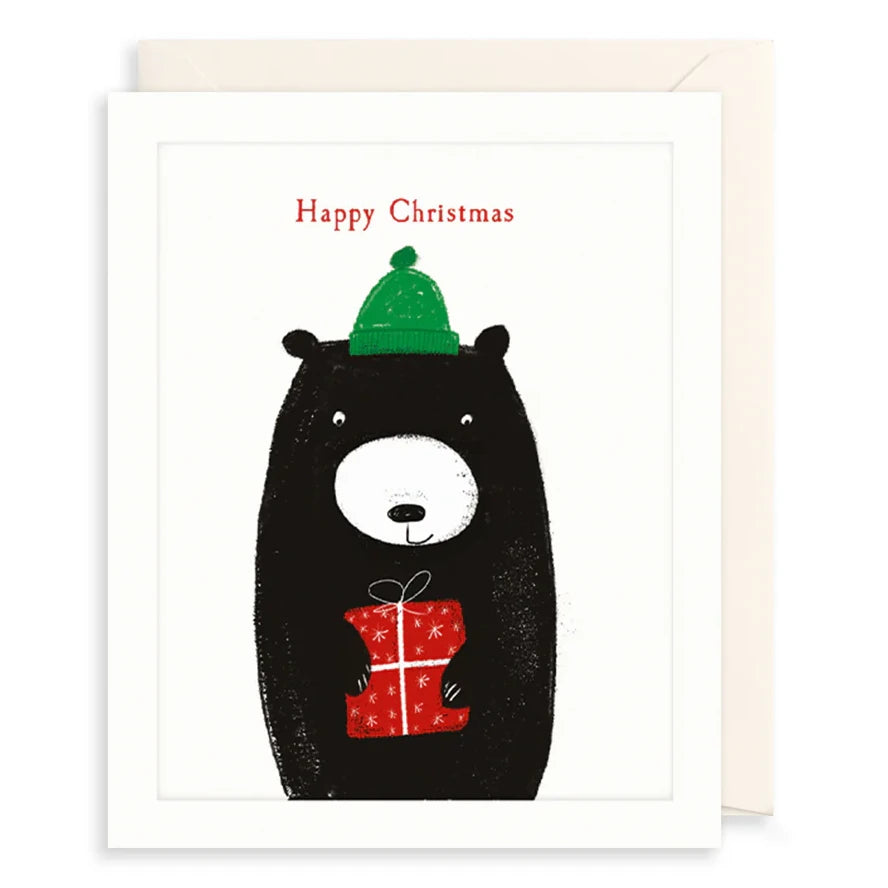Art File Bear Green Hat & Present Christmas Card BEX05 front