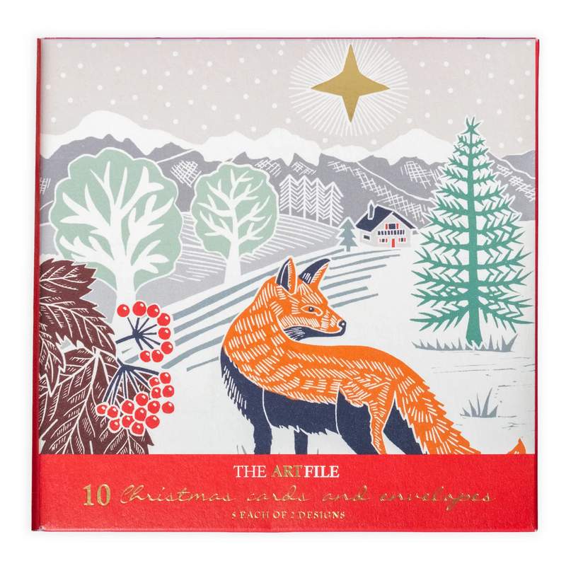 Art File Xmas Cards 10 Pack Lino Cut Fox & Badger WAX86 pack