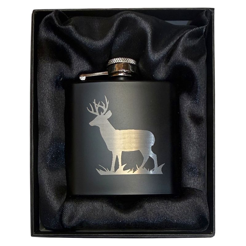 Art Pewter Hip Flask Black Engraved Stag 3oz in box