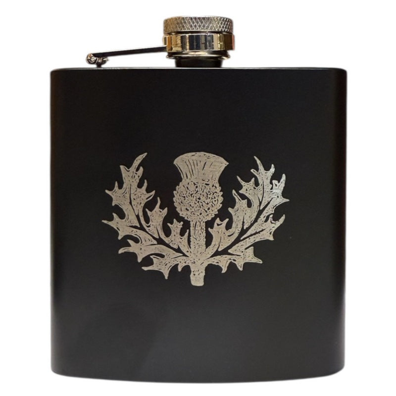 Art Pewter Silver Hip Flask Black Engraved Thistle 6oz front