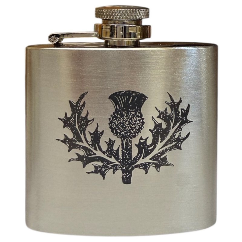 Art Pewter Silver Hip Flask Stainless Steel Engraved Thistle 3oz front