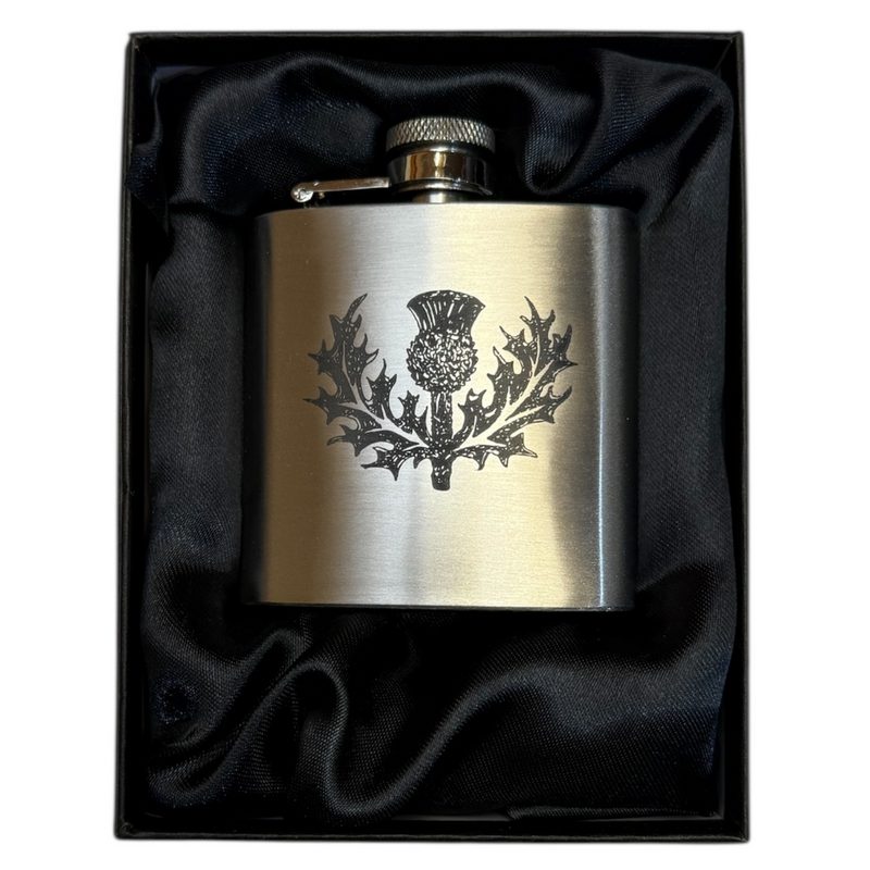 Art Pewter Silver Hip Flask Stainless Steel Engraved Thistle 3oz in box