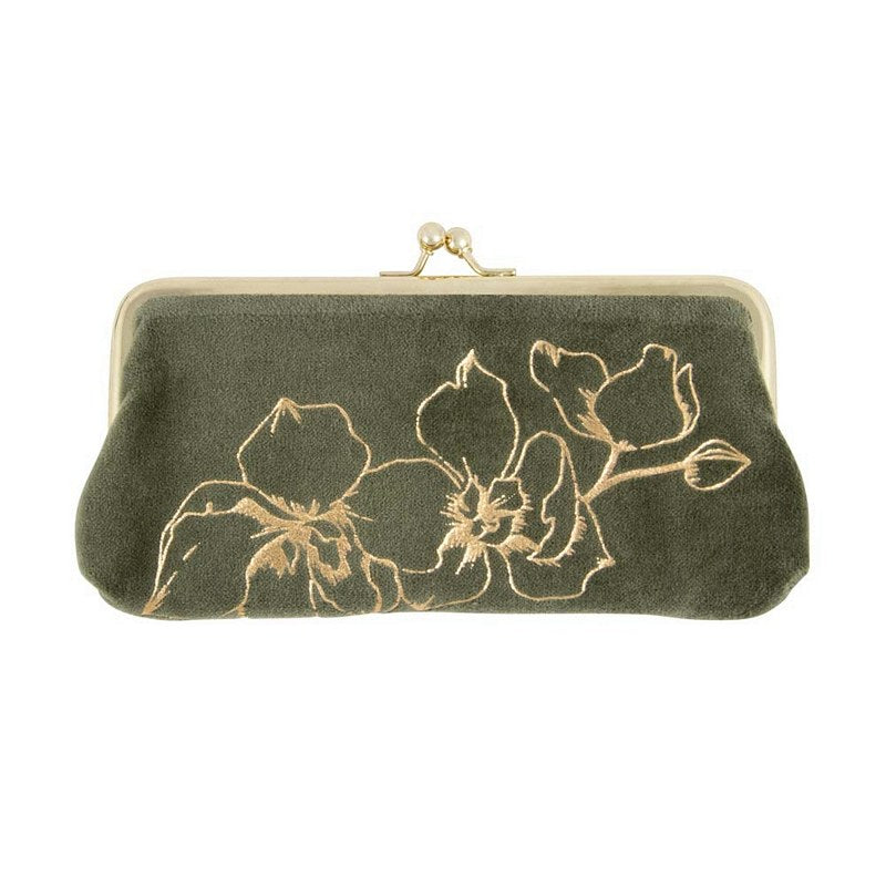 Artebene Cosmetics Clip Bag Green Velvet With Gold Leaves 241070 front