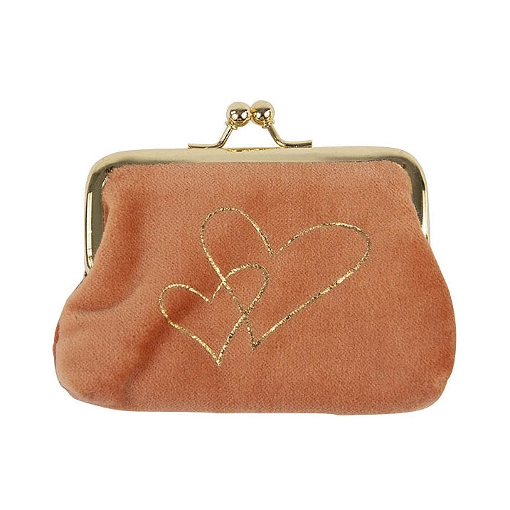Artebene Velvet Clip Close Purse Peach With Gold Hearts 241122 front