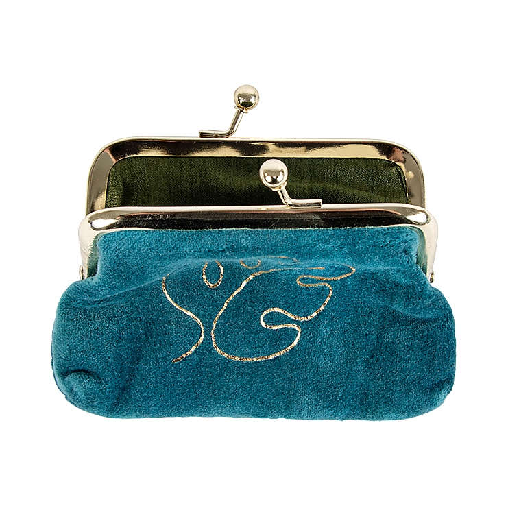 Artebene Velvet Clip Close Purse Teal With Gold Monstera Leaf 241158 open