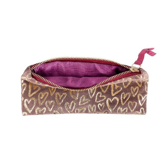 Artebene Velvet Pouch Brown with Gold Hearts 241154 open