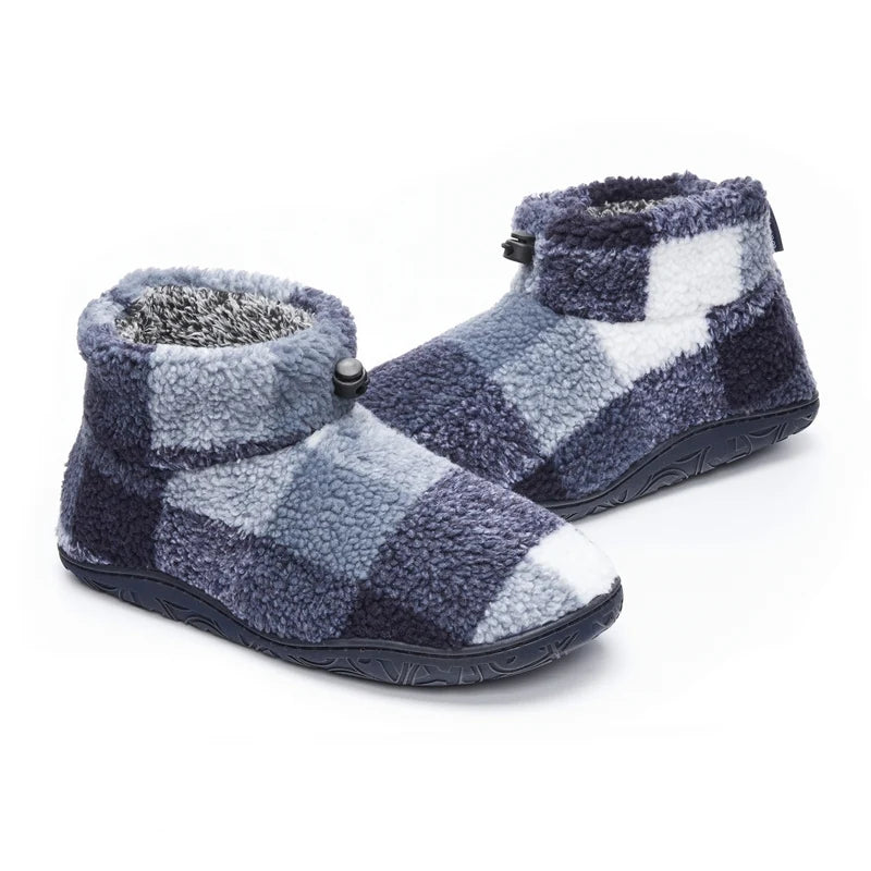Bedroom Athletics Neeson Sherpa Slipper Boot Navy Check Pair angled
