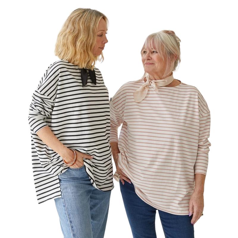 Bryony Stripe Long Top Dusky Pink Stripe on model front