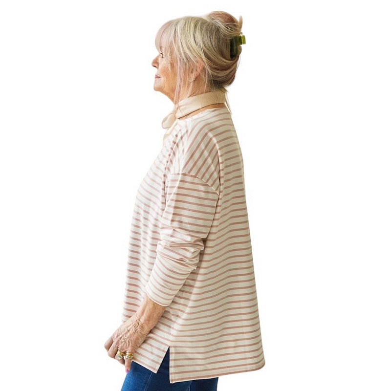 Bryony Stripe Long Top Dusky Pink Stripe on model side