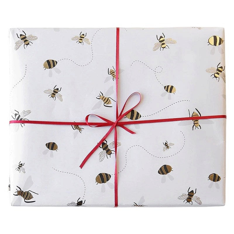 Caroline Gardner Bee Paper Gift Wrap GWL499 in use with ribbon