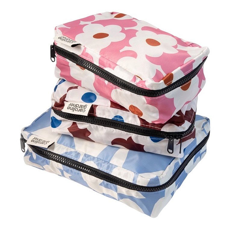 Caroline Gardner Blue Checkmate Heart & Flowers Set of 3 Packing Cubes ZCM101 stacked