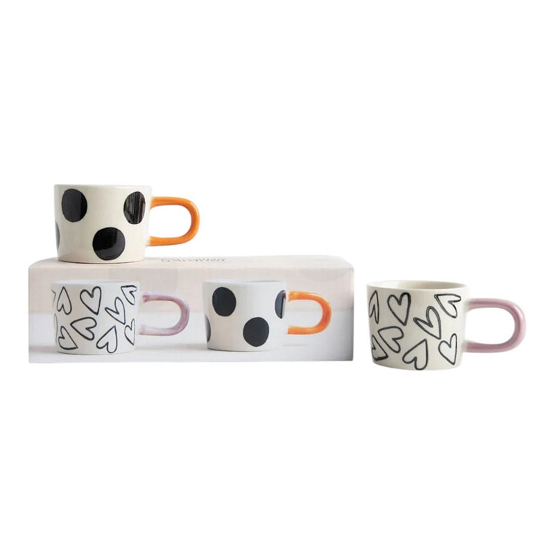 Caroline Gardner Mono Spot & Hearts Set of 2 Espresso Cups BEM100 on box