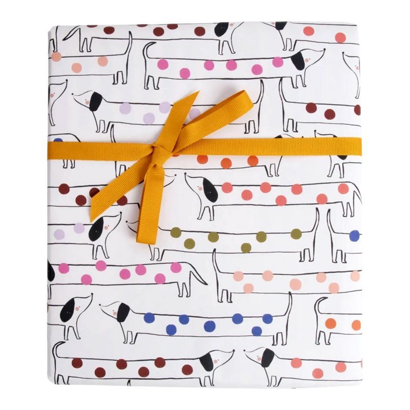 Caroline Gardner Multi Spot Sausage Dogs Gift Wrap GWE548 in use with ribbon