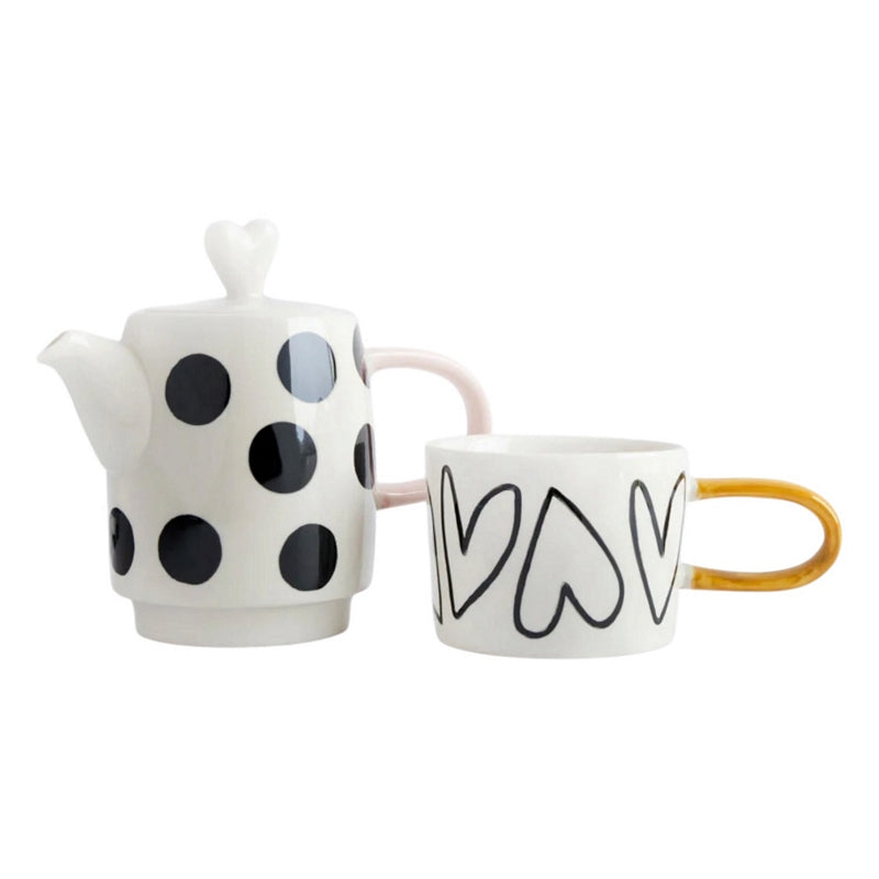 Caroline Gardner Spot Heart Tea For One Boxed Teapot and Cup Set TPT101 contents