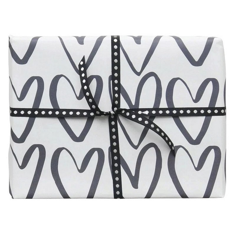 Caroline Gardner Black Outline Hearts Gift Wrap GWE503 in use with ribbon