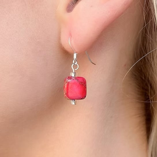 Carrie Elspeth Jewellery Pink Jasper Pillows Earrings EH1715A on model