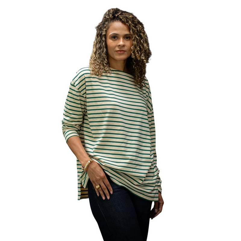 Chalk Clothing Bryony Stripe Top Evergreen & Cream Stripes on model 1