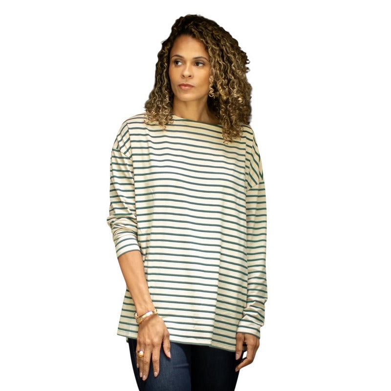 Chalk Clothing Bryony Stripe Top Evergreen & Cream Stripes on model 2