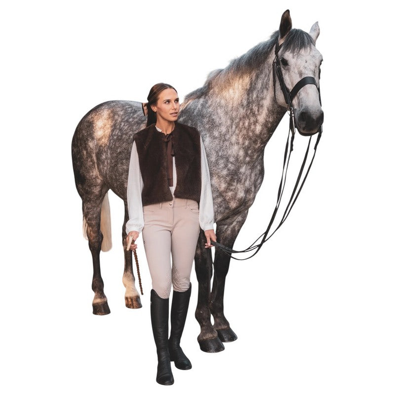 Chalk Clothing Felicity Gilet Cappuccino on model with horse 1