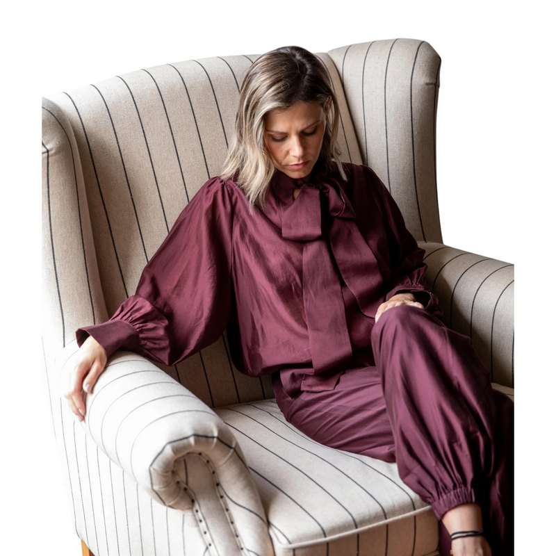 Chalk Clothing Frances Shirt Burgundy on model sitting