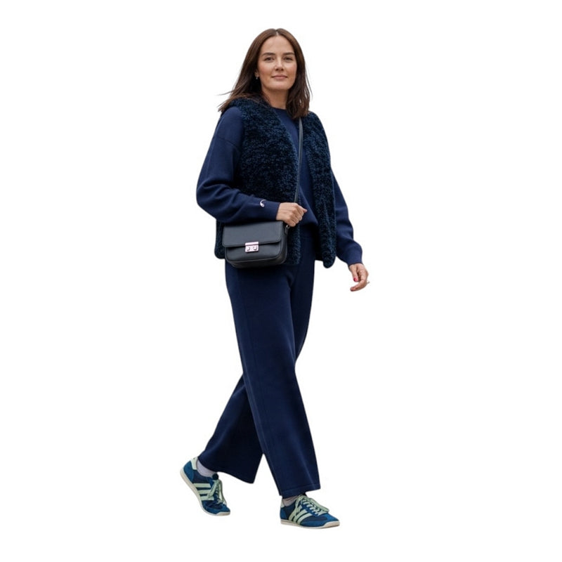 Chalk Clothing Lucy Trousers Navy on model walking side