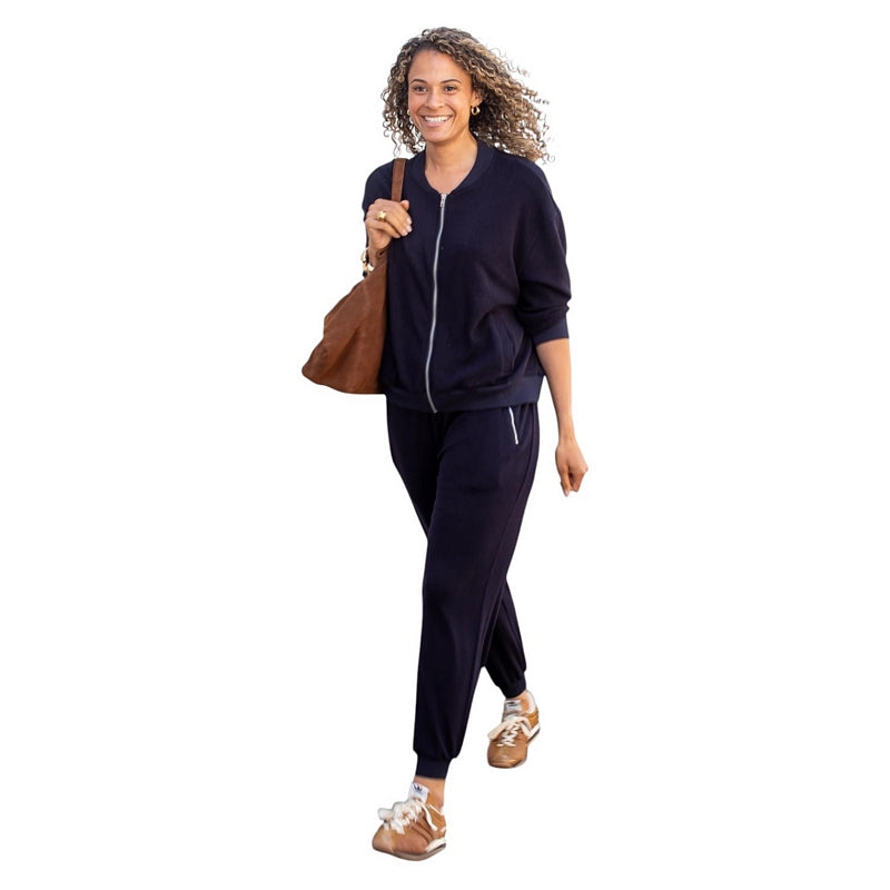 Chalk Clothing Orla Zip-up Top Midnight on model walking