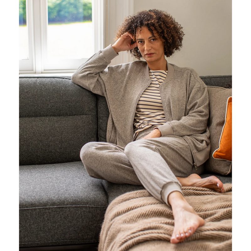 Chalk Clothing Orla Zip-up Top Mole on model on sofa