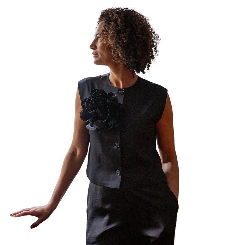 Chalk Clothing Sally Waistcoat Black on model with flower brooch